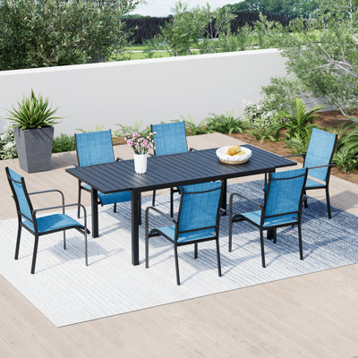 7 Piece Patio Expandable Table Dining Set, Outdoor Dining Table And Chairs Set For 4 To 8, 6 Textilene Chairs, 1 Iron Expandable Dining Table, Patio F