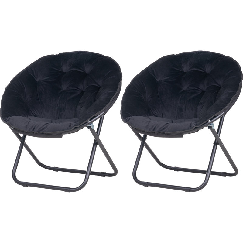 Sima Pack of 2 Faux Fur Saucer Chair Folding Chair, Soft Lounge Chair w/Metal Frame for Bedroom, Living Room, Black