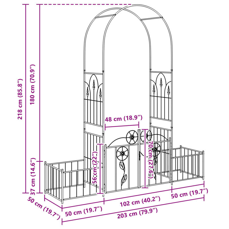 203cm W x 50cm D Steel Arbour, Black