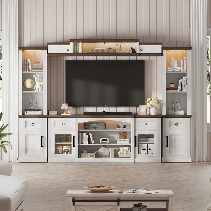 Farmhouse 4-Piece Entertainment Wall Unit With Tv Stand, Bookshelf & 70" Floating Cabinet, Adjustable Shelves, Transparent Doors, And Motion-Sensing Led Lights — Fits Tvs Up To 75" For Modern Living Rooms And Wine Cabinet Display Cabinet