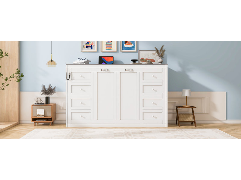 Lit escamotable simple avec lumière DEL, peut être plié dans une armoire, armoire murale dissimulée, blanc et brun