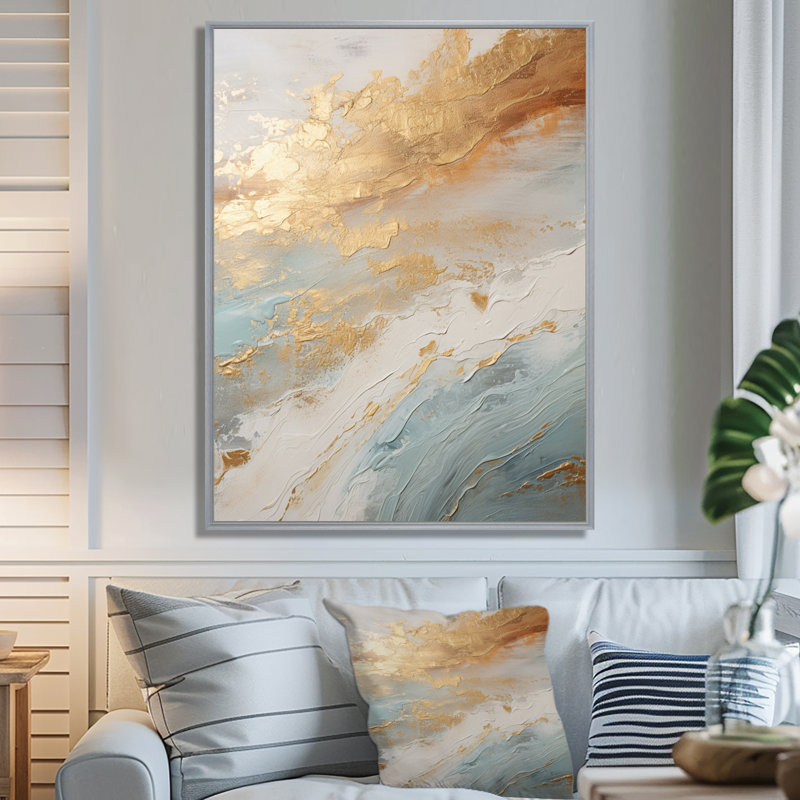 «Golden and Blue Beach Tranquility IV - Coastal Beach», art mural encadré, 44" H x 34" W, Encadrement argenté