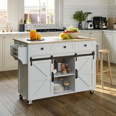 47.2" Farmhouse Style Kitchen Island With Locking Wheels And Side Shelves
