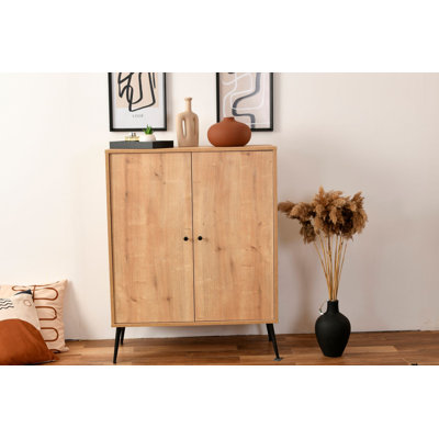 Modern Oak Sideboard with Soft-Close Doors, 35.4 x 41.3 x 16.1 inches | 100% Melamine Coated Chipboard & MDF, Metal Legs | Stylish Storage Solution with Wall-Mount Option, Scandinavian Design, Perfect for Living Room & Dining Areas