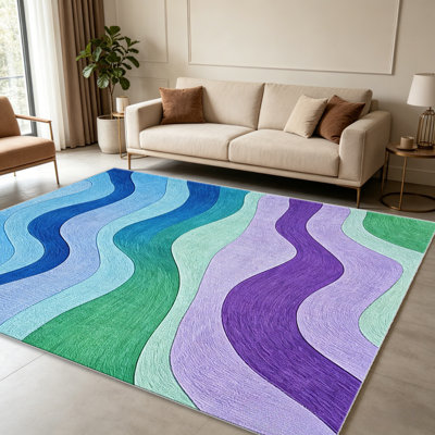 Blue Purple Wavy Stripes area rugs for Living Room, Soft and Comfortable, Suitable for all seasons, easy to maintain, machine washable Indoor floor mat, Under Table Farmhouse suitable for Bedroom, Dining Room, Study, Patio, Balcony, Home Decor
