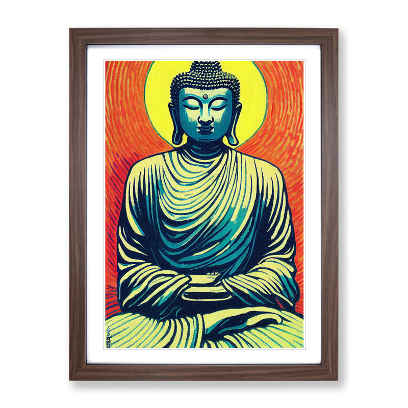 Buddha and the Sun - Wall Art, 66cm H x 48cm W x 2cm D, Walnut Framed, White