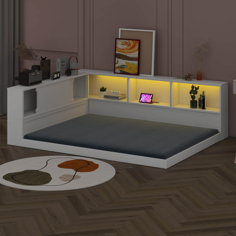 Queen Size Wood Daybed With Storage Shelves, USB And LED, White