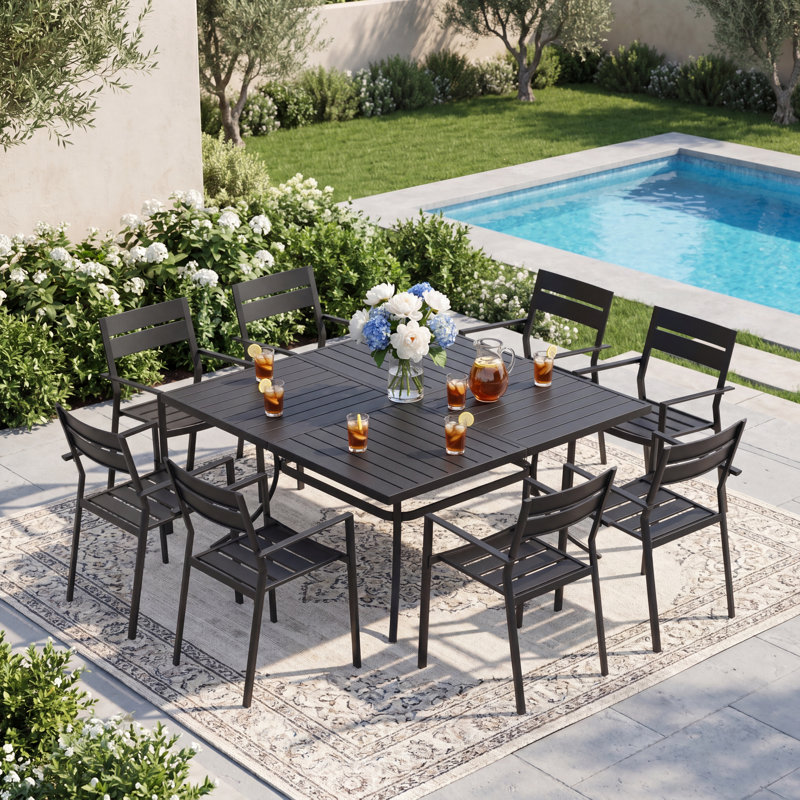 8-Person Square Outdoor Dining Set With Stackable Chairs, Black