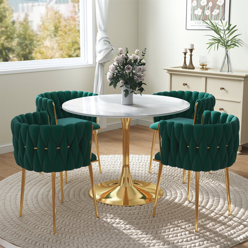 Round Pedestal Dining Set with Woven Dining Chair, Green