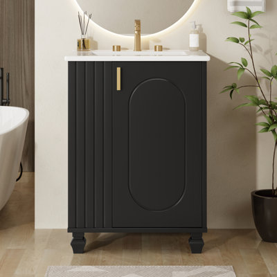 Meuble-lavabo de style rétro 24 po avec finition noire, poignées en métal, armoire à fermeture douce et évier en céramique avec trop-plein à finition classique, 5 tablettes, compartiments ouverts latéraux