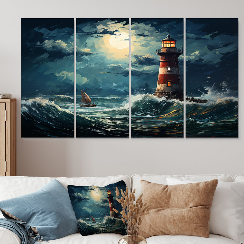 Phare de la mer orageuse I - Phares, art mural 4 pièces, H 28 po x l 48 po