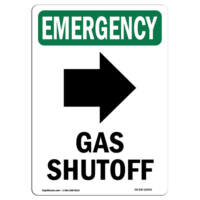 Gas Shutoff Emergency Sign, 18" H x 12" W x 0.1" D