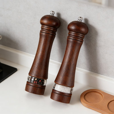 Premium 8-Inch Wooden Salt And Pepper Grinder Set With Adjustable Coarseness, Refillable Manual Mills And Stable Wooden Tray For Home Kitchen