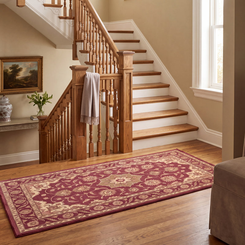 Tapis Hollow2 traditionnel persan audacieux, bordeaux, cuivre, vert, crème, rose, lavable en machine, antidérapant, à poils courts, pour l'intérieur et l'extérieur, adapté aux animaux domestiques, idéal pour le salon, la chambre, la salle à manger, l'entrée, le couloir ou le bureau.