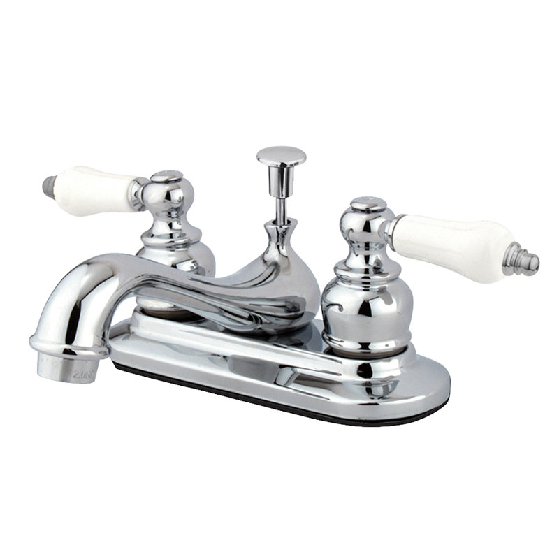 Kingston Brass Restoration Two-Handle 3-Hole Deck Mount 4" Centerset Bathroom Faucet with Plastic Pop-Up, Polished Chrome