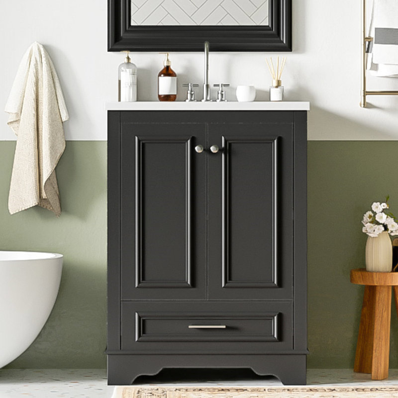 24'' Bathroom Vanity With Ceramic Sink Combo, Modern Freestanding Storage Cabinet  With Silver Handles,  Soft Closing Doors