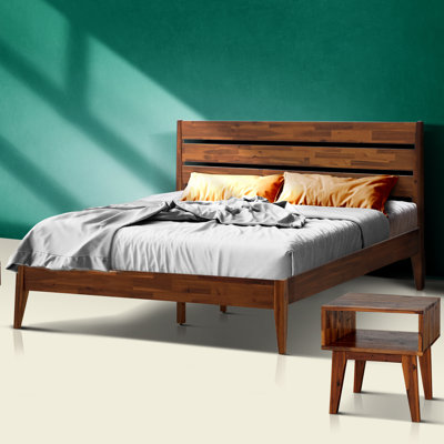 Emery Bed Frame 2-Piece Bedroom Set Solid Wood Bed Frame with High Headboard and Nightstand