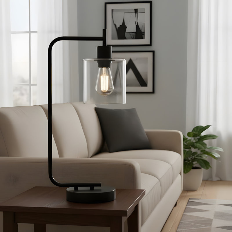 Éclairage, H 20 po, lampe de table, port USB inclus, métal noir, abat-jour en verre, moderne