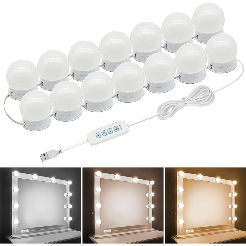 LED Vanity Mirror Lights Hollywood Style With 14 Dimmable Bulbs Adjustable Colour & Brightness USB Cable Stick-On For Makeup Table Dressing Room