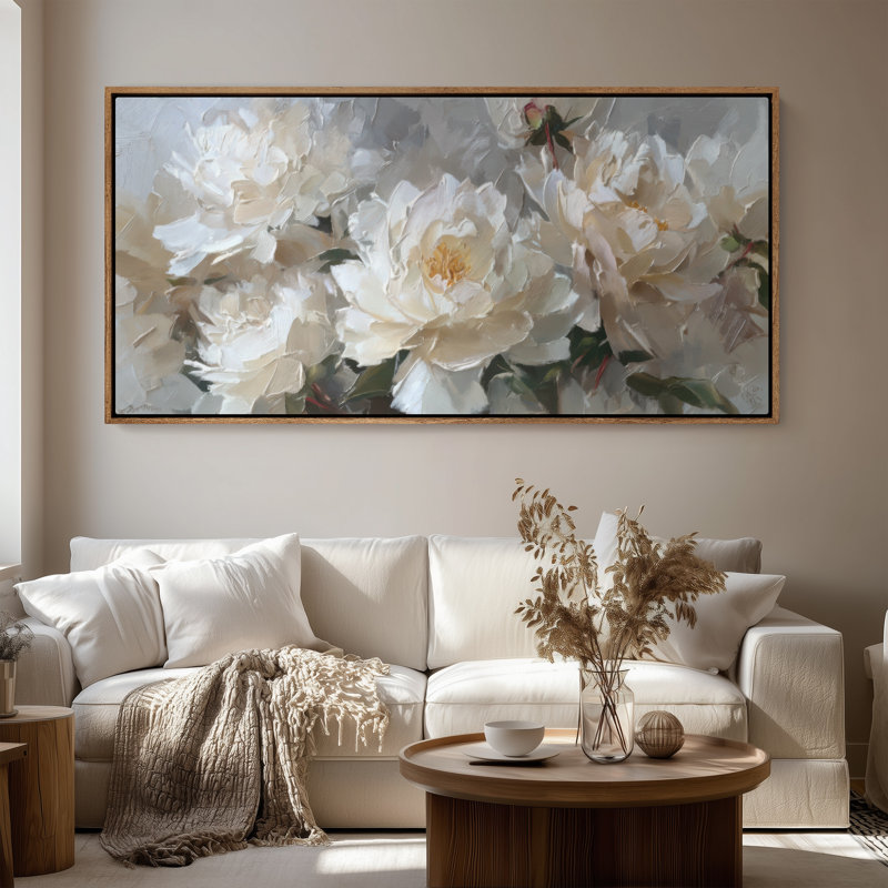 Art mural encadré sur toile - pivoines blanches élégantes sur fond gris doux - 16 po x 24 po, 24 po x 36 po, Naturel