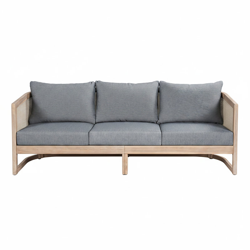 Corrion Patio Acacia Wood 3-Seater Sofa With Cushions, Gray Cushion/Light White Frame