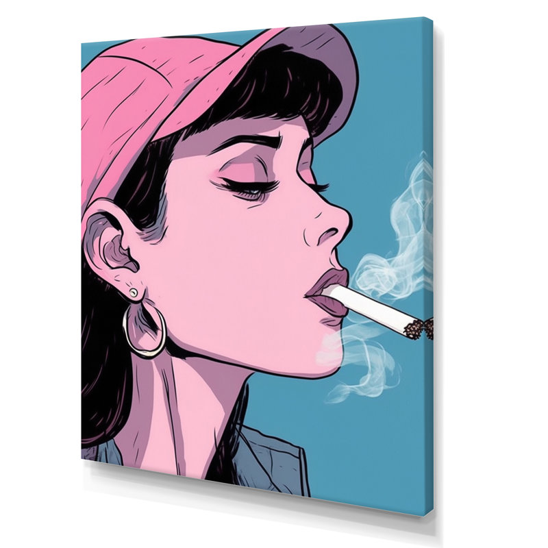 «Pink Popart Woman fumant sur toile», H 44 po x l 34 po x P 1,5 po, Toile tendue