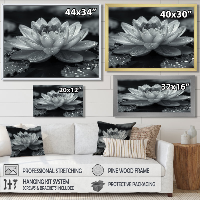 Lotus gris photo élégante silhouette II - décoration murale Lotus, H 24 po x l 32 po, Cadre flottant noir