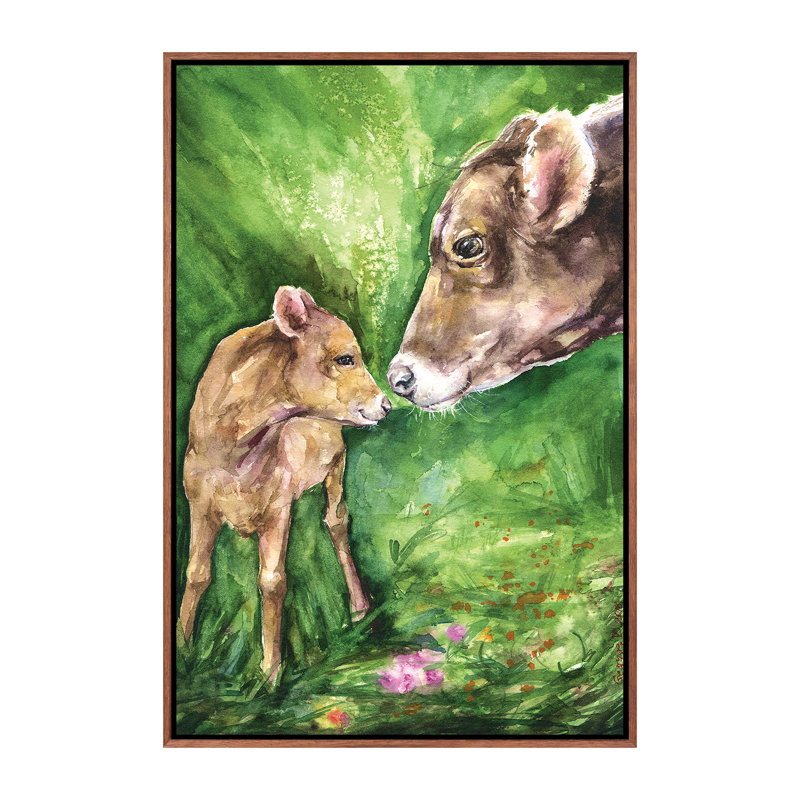 Vache et bébé, décoration murale pour enfants, Toile classique avec cadre brun, H 26 po x l 18 po x 1,5 po