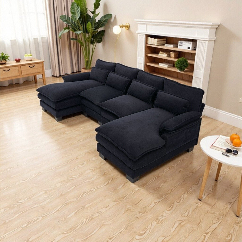 U-Shaped Cloud Sectional Sofa with Double Chaise, Chenille Fabric 8-Pillow Sofa, Black Chenille