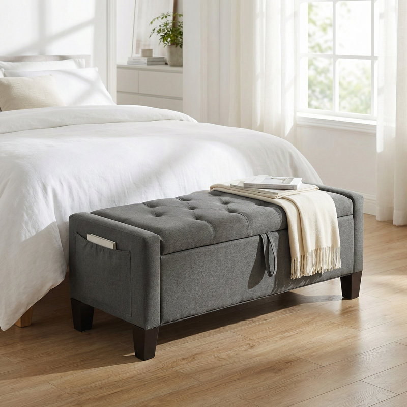Banc rembourré avec repose-pieds avec charnière de sécurité et couvercle capitonné pour l'organisation du salon et de la chambre à coucher