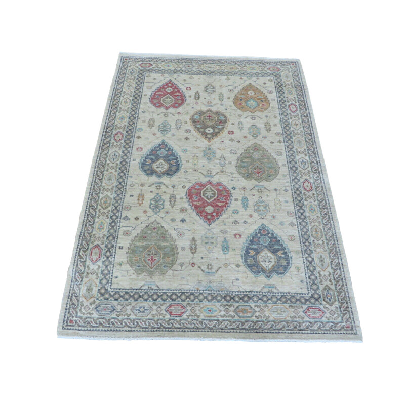 Tapis oriental Khotan Peshawar Oushak ivoire noué à la main 4 pi 1 po x 5 pi 10 po 7387E9F78F2E4E44AF042E3F9929D04B