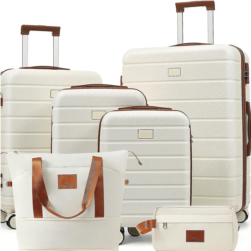 Ensemble de 6 valises rigides avec serrure TSA, ensemble de valise à roulettes 16/20/24/28 pouces avec sac de voyage extensible et trousse de toilette imperméable, poignée réglable (ivoire et brun)