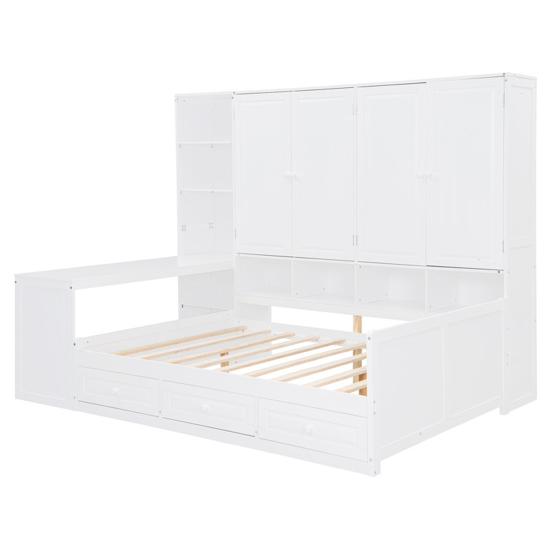 Wooden Daybed With Three Drawers, and All-in-One Cabinet, Desk and Shelves, Full, White