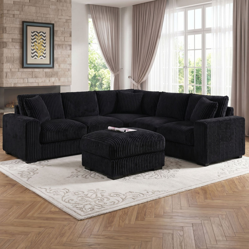 98.7" Corduroy Modular Sectional Corner Sofa 4 Pieces L-shaped Oversized Deep Seat Couch With Upholstered Moveable Ottoman & Pillows