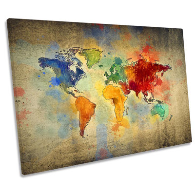 Map World Grunge Multi Colour Framed - Wrapped Canvas Print