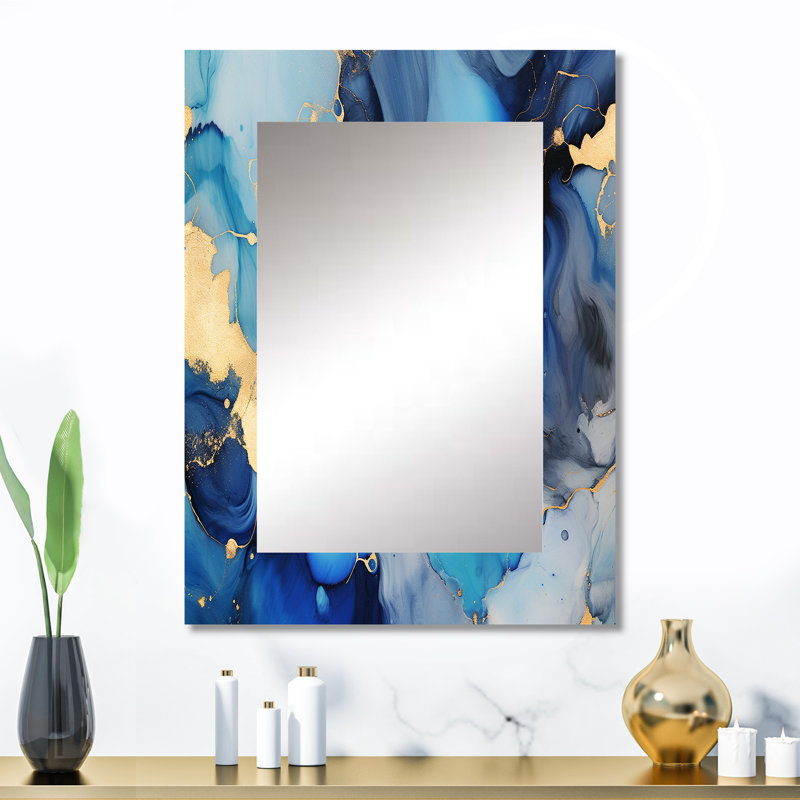 Koehl bleu et or abstrait de luxe fluide Art II - miroir de fractales, miroir mural décoratif moderne et contemporain, impression d'art en métal