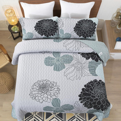 3 Pieces Floral Printed Quilt Set All Season Lightweight Bedspread Set with Shams