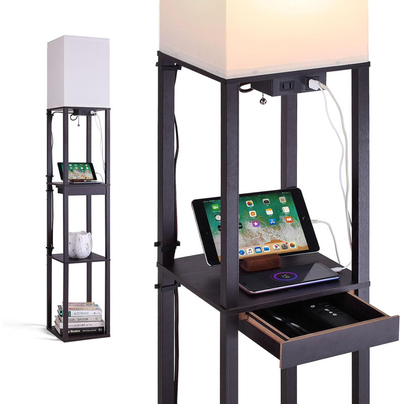 Modern Corner Floor Lamp With 4-Tier Shelves, USB Charging Ports, Power Outlet & Drawer, Adjustable LED Light, Black Wooden Standing Lamp For Living Room, Bedroom, Office