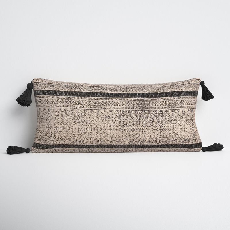 Zetta Tassels Cotton Throw Pillow, Polyester/Polyfill, Beige/Black