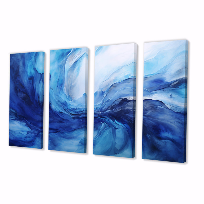 Ensemble de 4 décorations murales bleues Tachisme Waves II - Tachisme, H 32 po x l 64 po
