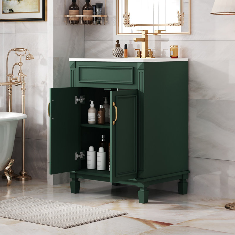 Meuble-lavabo de 24 po avec lavabo supérieur, armoire de rangement moderne avec 2 portes à fermeture douce et tablette réglable, structure en bois massif