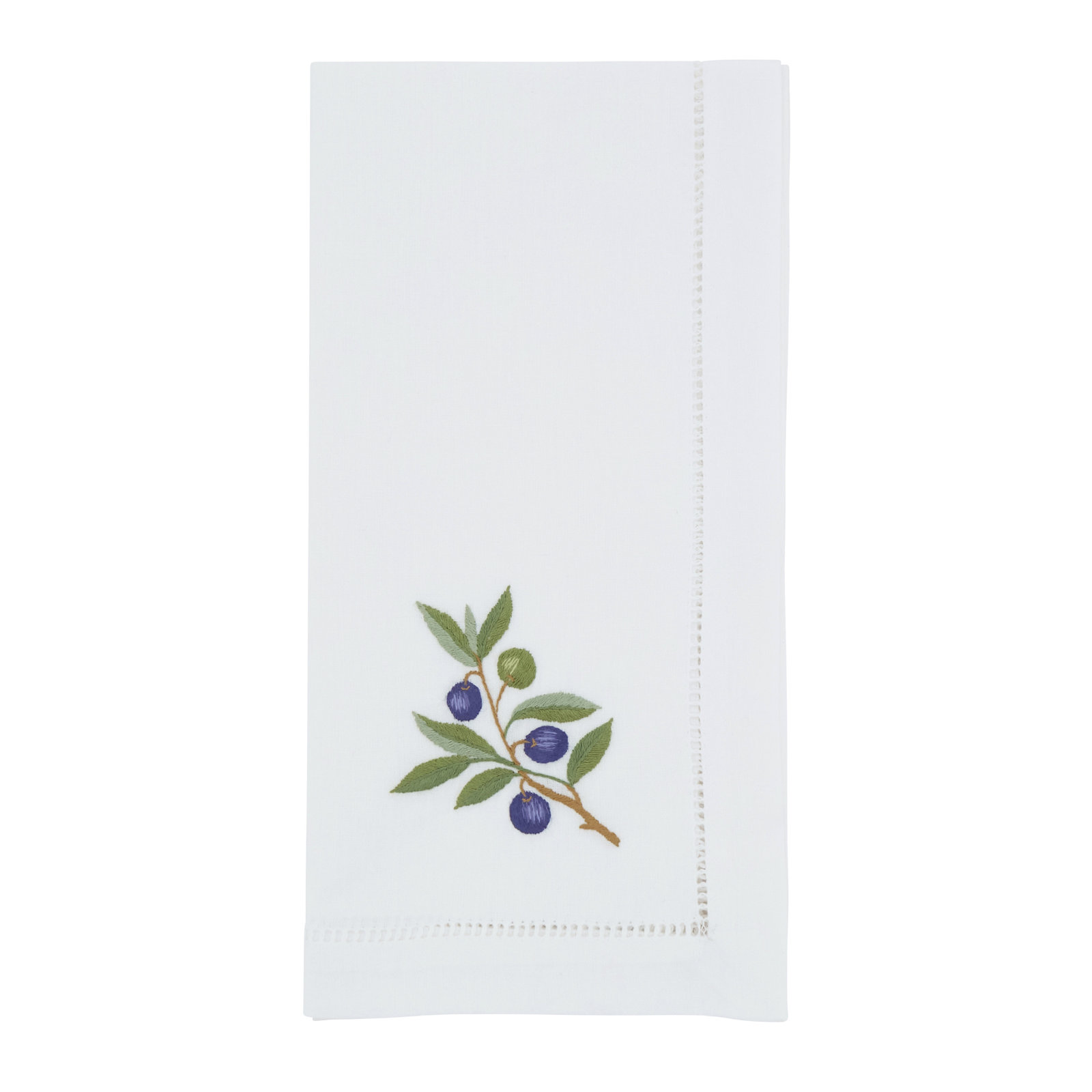 Embroidered Olive Cotton Decorative Napkins (Set of 6) – Hemstitch Border with Botanical Olive Branch Motif, 20"x20"
