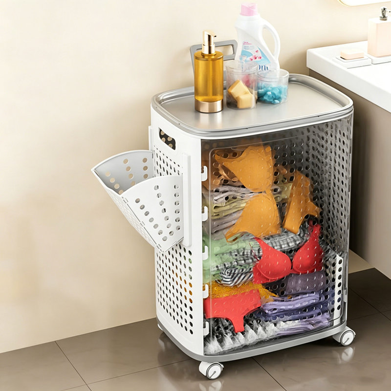 Panier à linge avec couvercle et cloisons JOYBOS, panier en plastique ventilé avec roulettes et poignée, gris clair