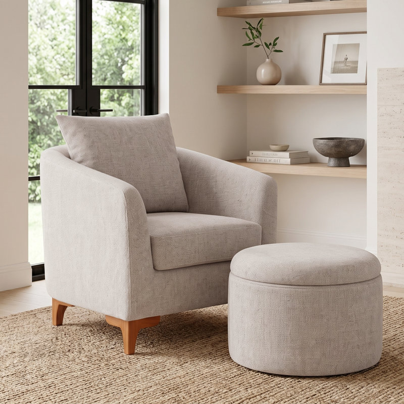 Upholstered Barrel Chair With Footstool, Beige Chenille