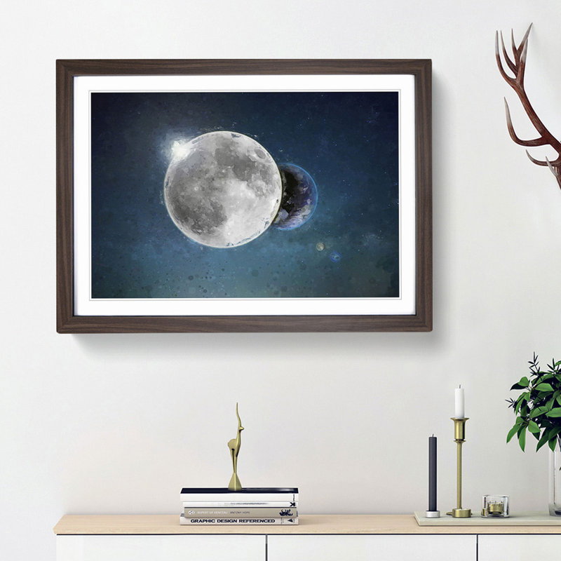 Earth Behind the Moon - Picture Frame Graphic Art Print, 27cm H x 36cm W x 2cm D, Walnut Framed
