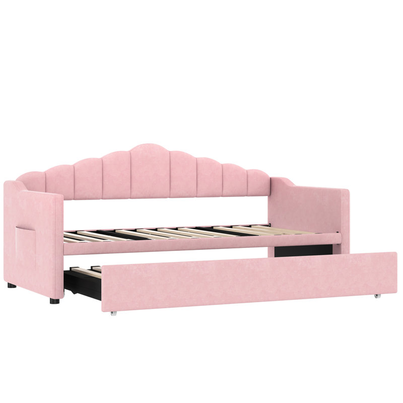 Lit de jour simple rembourré rose avec lit gigogne escamotable de hauteur réglable, fonction de charge et rangement latéral pour télécommandes en velours doux, lit gigogne et type C
