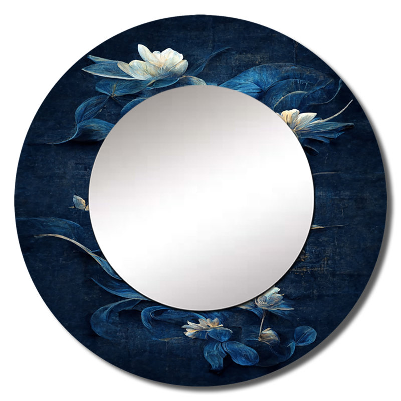 Sareniti Chinese Blue And White Flowers IV - Floral Mirror, Blue Round Decorative Wall Mirror, Printed Metal Art, 23" x 23"