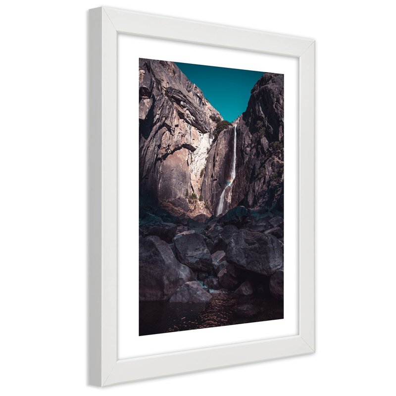 Waterfall Rocks Nature - Single Picture Frame Print, White, 60 cm H x 40 cm W