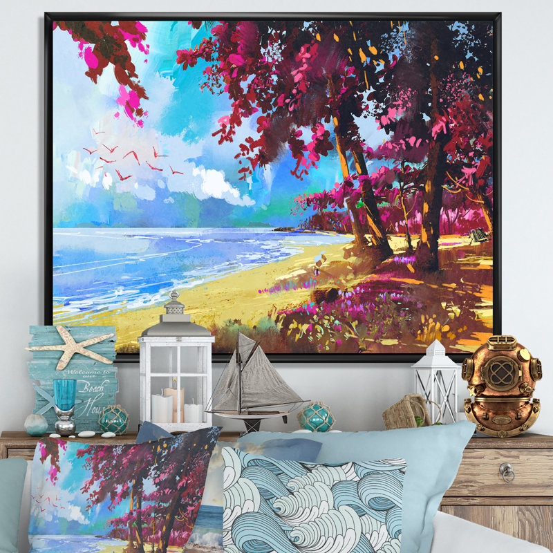 «Pink Trees On The Beachsummer», reproduction d'art nautique et côtier sur toile, H 16 po x l 32 po x P 1 po