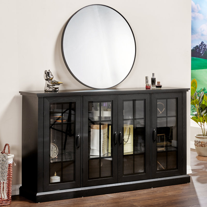 Alvilda 62.9'' W Modern Sideboard Buffet with Glass Doors, Classic Black